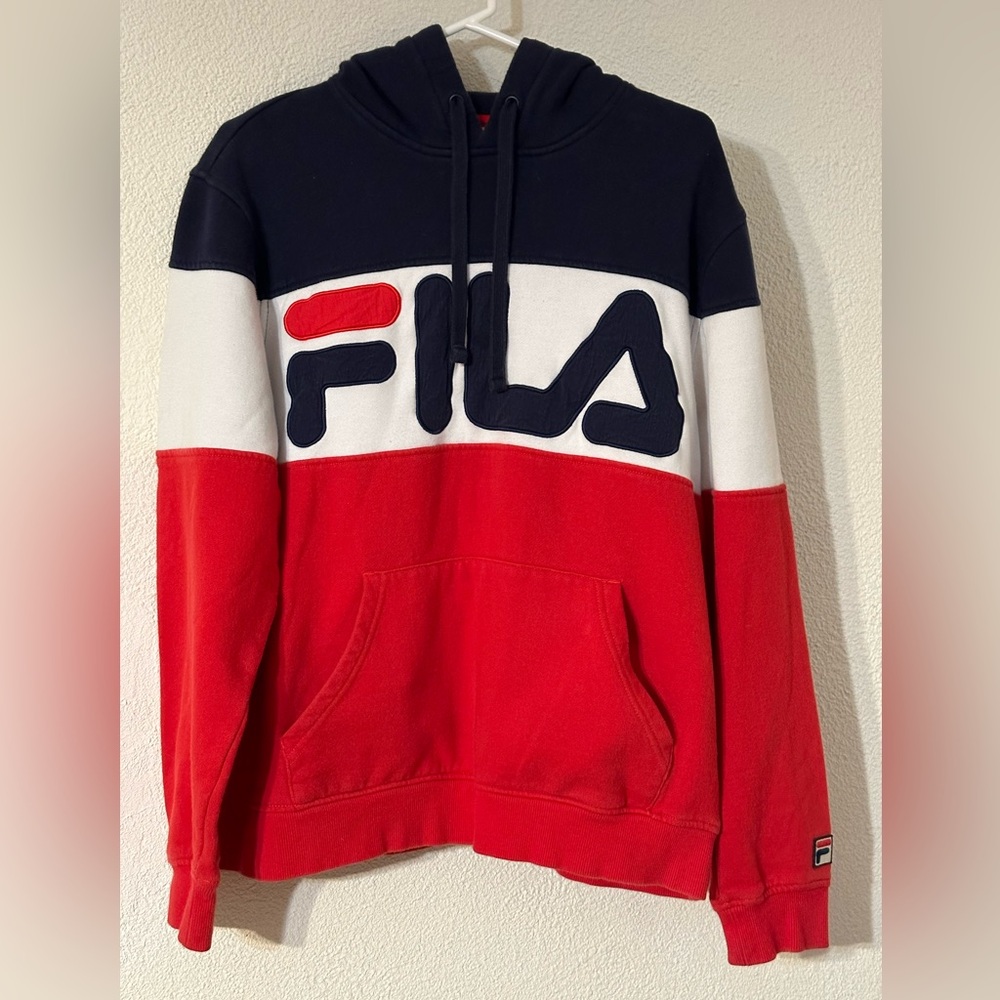 Fila Tricolor Hoodie Women Red/White/Blue Cotton Blend Spellout Logo Size Medium